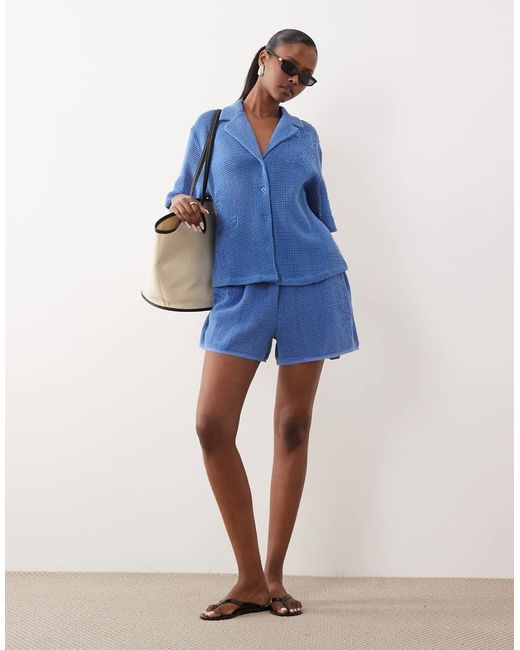 ASOS Blue Open Knit Revere Shirt Co-Ord With Cornelli Detail