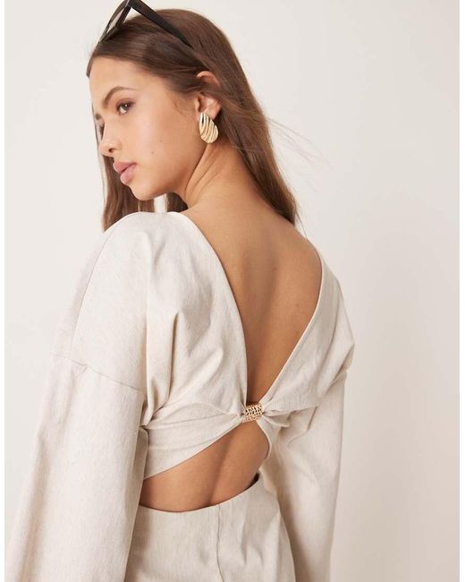 ASOS Natural Linen Look Bengaline Flared Sleeve Open Back Mini Dress