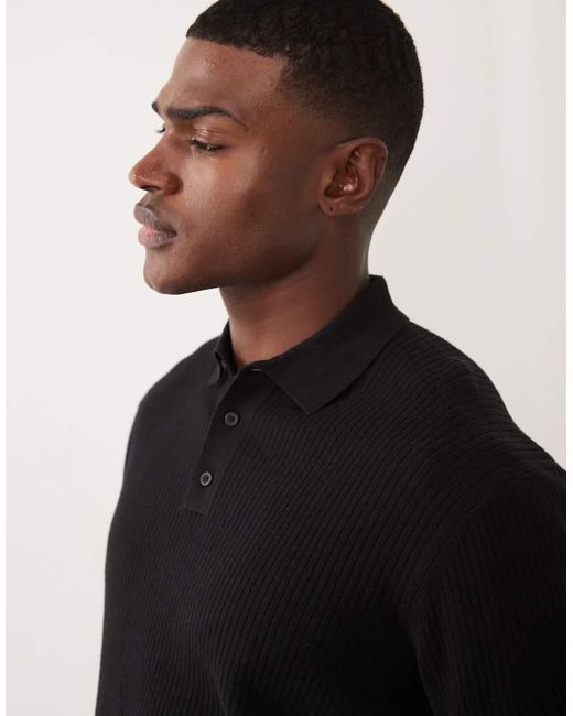 ASOS Black Essential Oversized Fine Knit Polo for men