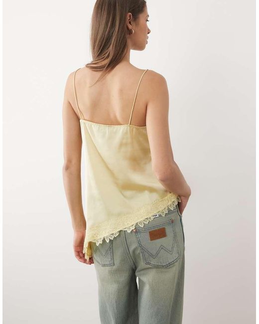 New Look Natural Longline Asymmetric Lace Trim Satin Cami Top