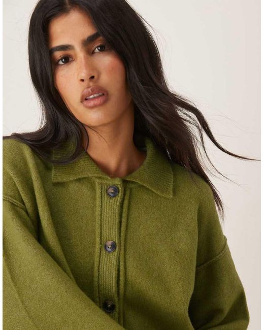 ASOS Green Knit Collar Shirt Cardigan With Seam Detailing