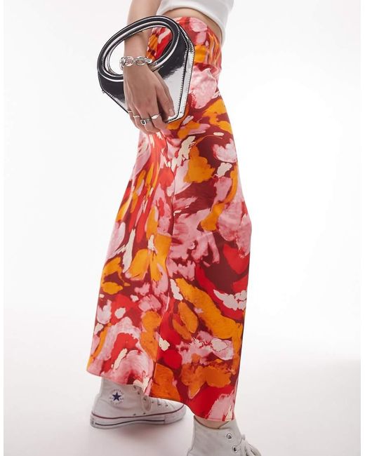 Gonna Lunga Asimmetrica Arancione A Fiori di TOPSHOP in Red