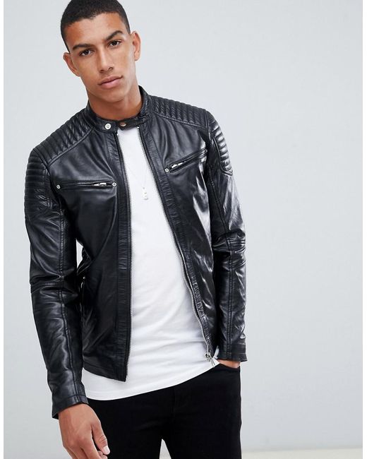Solid Black Leather Biker Jacket for men