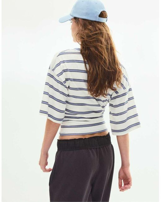 Stradivarius Blue Striped V-neck Kimono Sleeve T-shirt