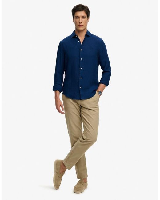 Superdry Blue Riviera Long Sleeve Linen Shirt for men