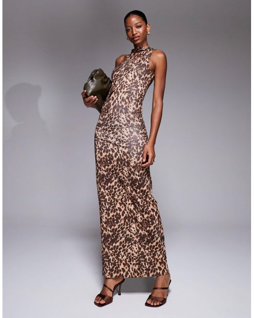 New Look Brown Leopard Print Slinky Bow Neck Midi Dress