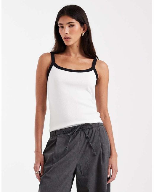 Pieces White Contrast Trim Cami Top