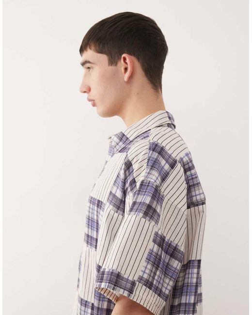 Reclaimed Vintage Natural Short Sleeve Boxy Shirt With Spliced Stripe And Check for men