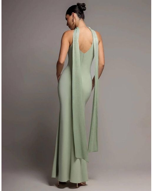 Goddiva Green Sculpting Stretch Jersey & Velvet Satin Cape Sleeve Halterneck Maxi Dress