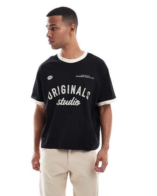 Jack & Jones Black Oversize Cropped Ringer T-shirt With Print for men