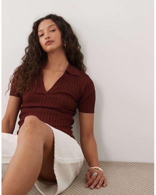 Mango Red Knit Short Sleeve V-neck Polo