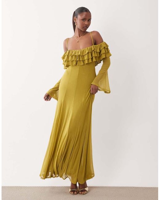 ASOS Yellow Mesh Off Shoulder Ruffle Maxi Dress With Full Godets