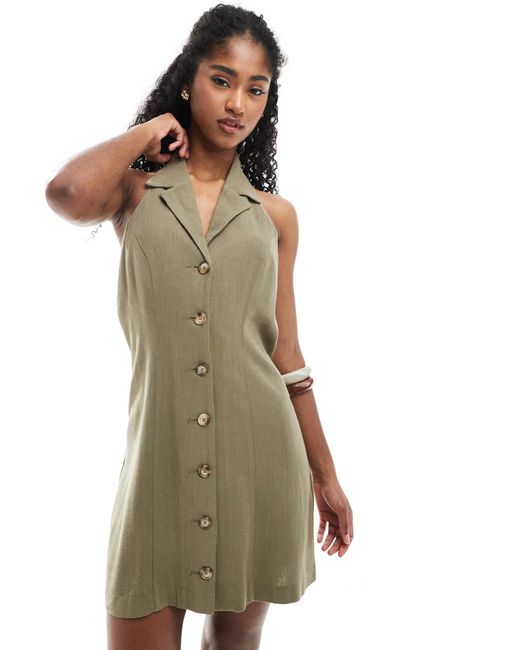 Miss Selfridge Linen Blend Collared Halter Mini Dress Khaki in Green | Lyst