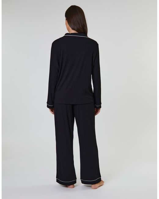 Loungeable Black Rib Long Sleeve Traditional Shirt And Long Pant
