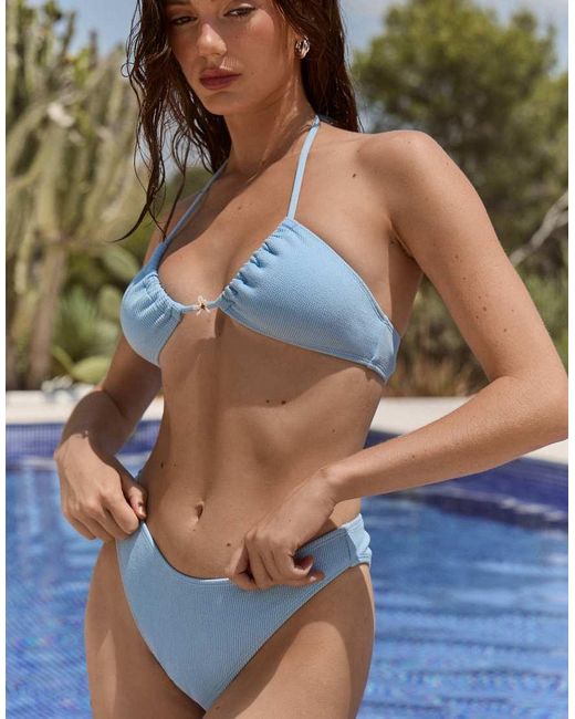The Frolic Blue Exclusive Crinkle Flower Bead Front Ruched Front Halterneck Bikini Top Co-ord