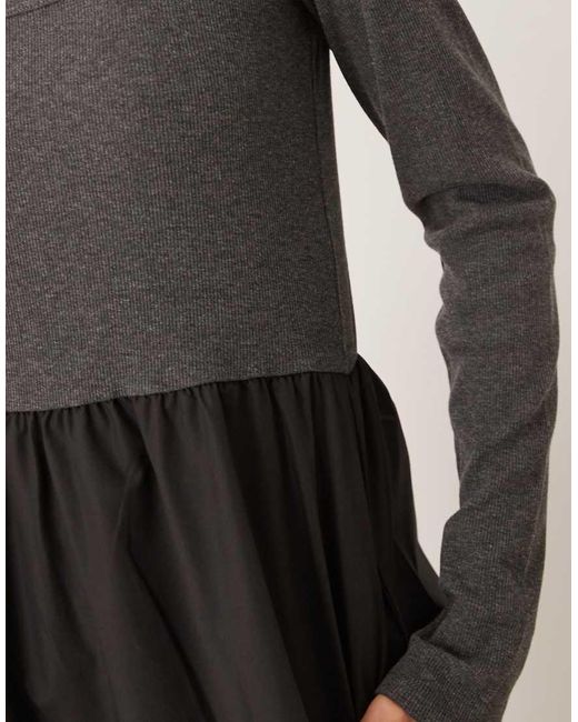 Threadbare Multicolor Long Sleeve Square Neck Midi Dress With Contrast Black Poplin Skirt