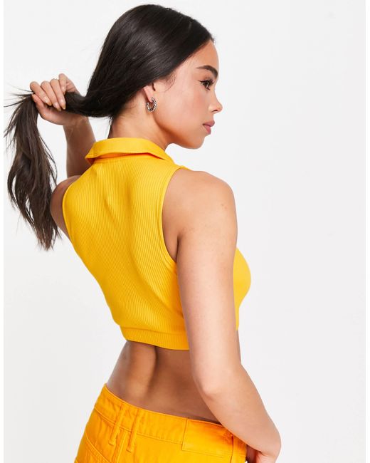 Noisy May Orange Ribbed Cropped Polo Top