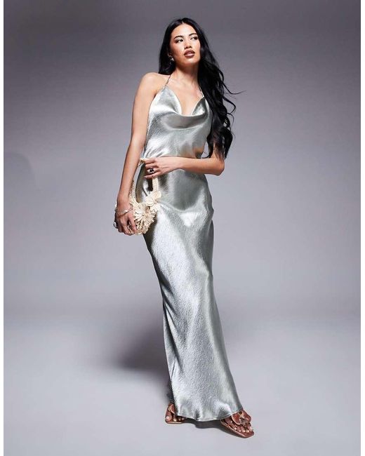 Aria Cove Gray Liquid Satin Cowl Halterneck Low Back Maxi Dress