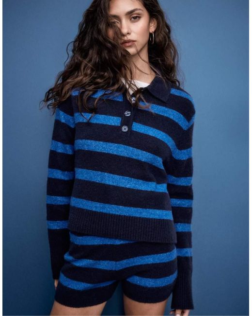 Stradivarius Blue Striped Knit Polo Jumper