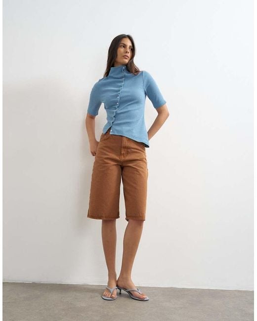 TOPSHOP Blue High Neck Ruffle Button Through Half Sleeve Top