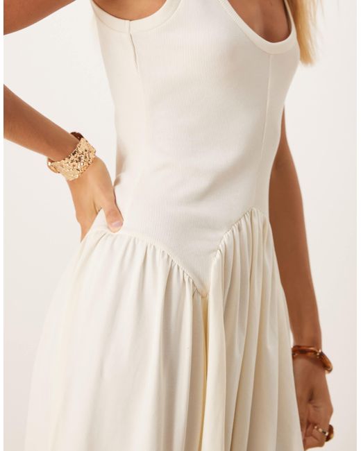 ASOS Natural Ribbed Bodice Scoop With Dipped Waist Detail Midi Dress
