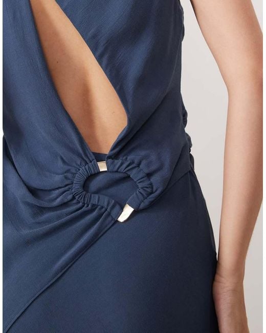 ASOS Blue Draped Open Back Trim Detail Linen Look Maxi Dress