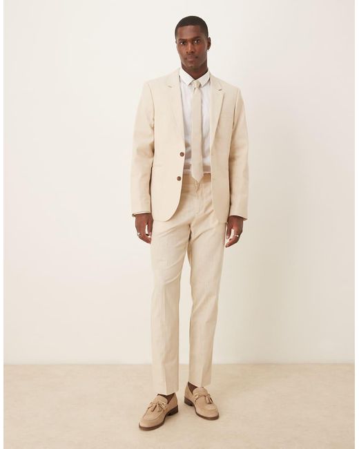 ASOS Natural Linen Look Slim Suit Trousers With Front Pleat for men