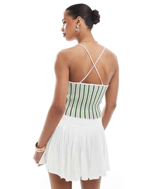 Pieces Green Textured Knit Cropped Top With Cami Straps