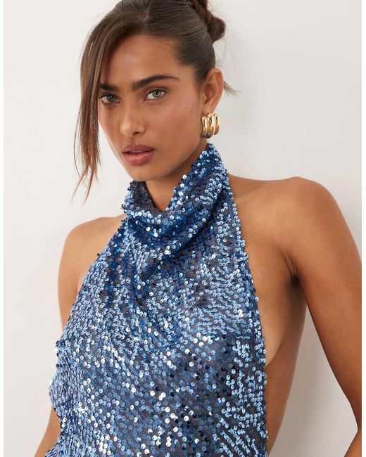 ASOS Blue Embellished Sheer Sequin Halter Maxi Dress