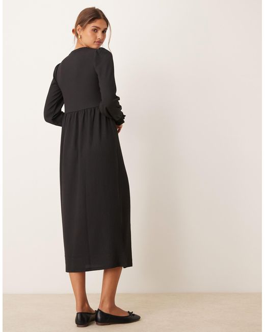 New Look Black Plain Crinkle Long Sleeve Smock Midi Dress