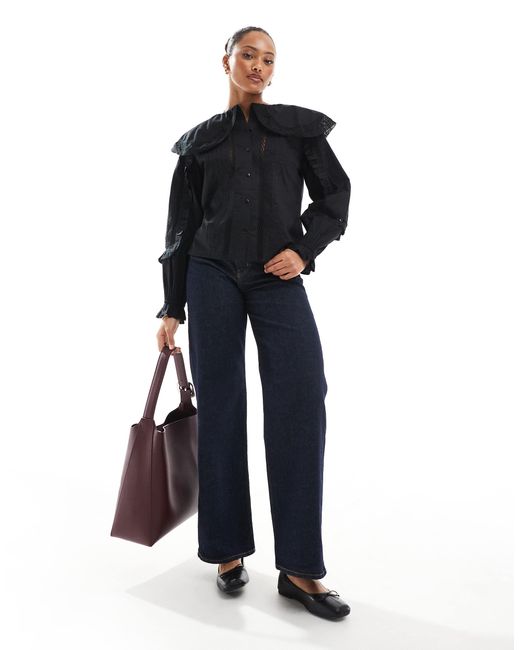 ASOS Blue Lace And Broderie Insert Shirt With Large Collar