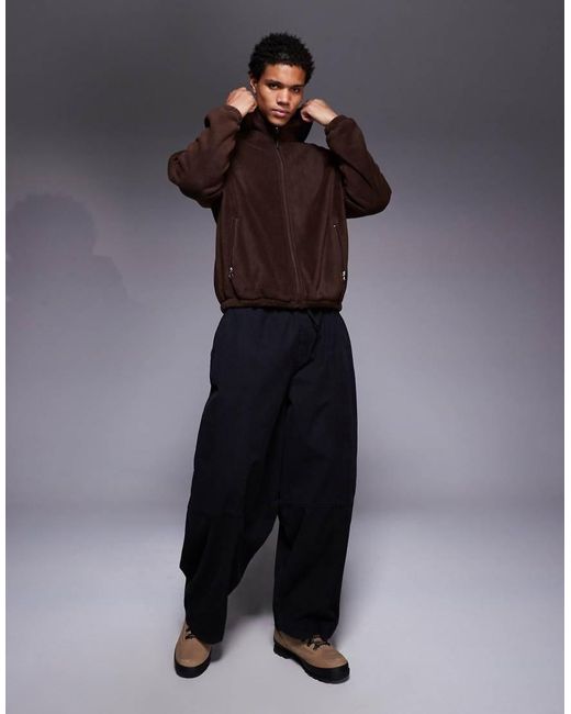 ASOS Brown Relaxed Zip Through Funnel Neck Fleece Hoodie for men