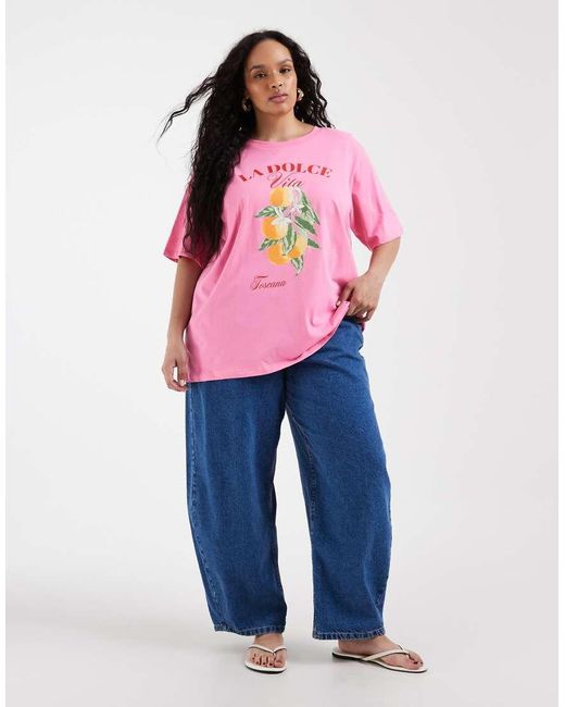 ONLY Pink Oversize Fit T-Shirt With Oranges Print