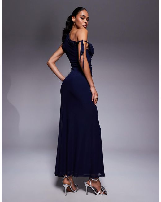 ASOS Blue Mesh One Shoulder Draped Maxi Dress