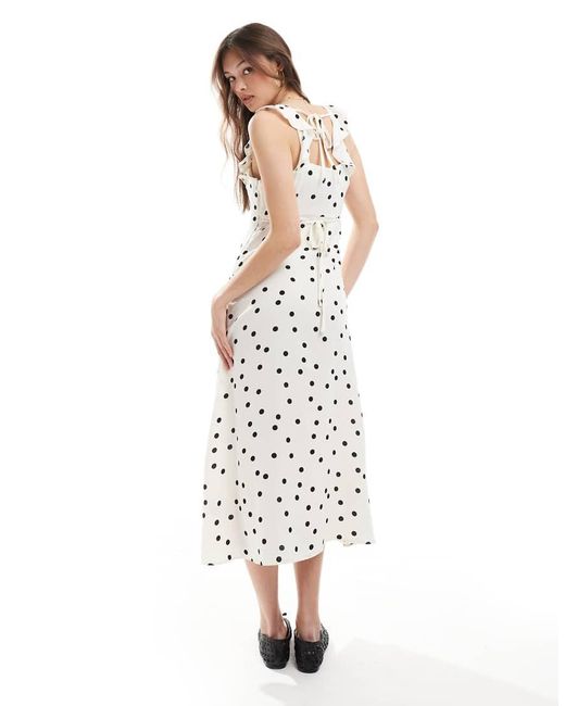Vestito Midi Con Spalline Sottili Color Crema A Pois Con Volant Sulle Maniche di New Look in White