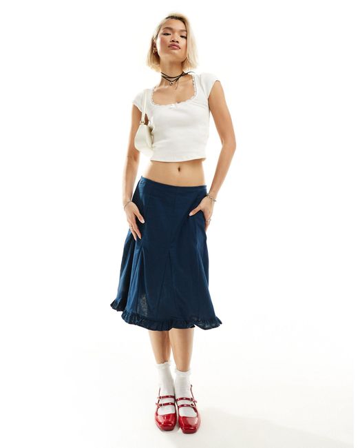 Motel Blue Godet Detail Linen Knee Length Skirt