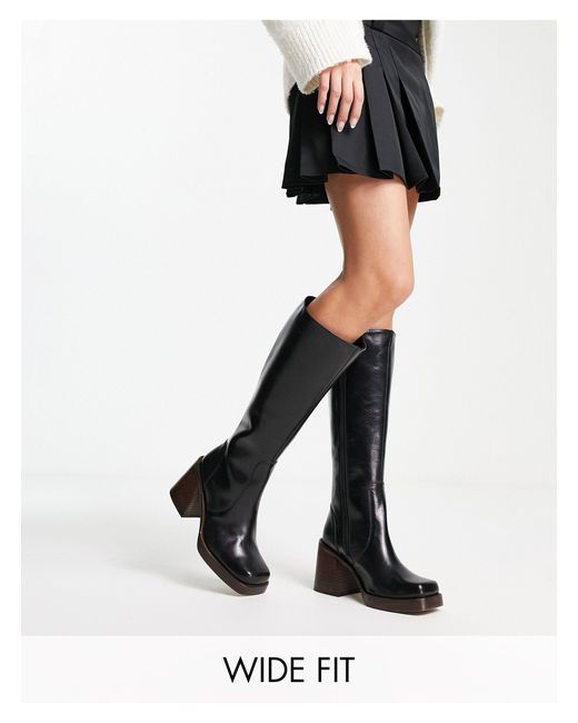 asos design cracking leather mid heel knee boots in brown