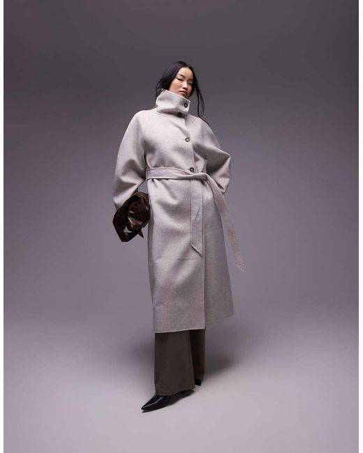 & Other Stories Purple Belted Wool Blend Maxi Coat With High Funnel And Sculptural Sleeves