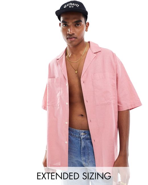 ASOS Pink 90s Oversized Linen Blend Shirt With Deep Revere Collar for men