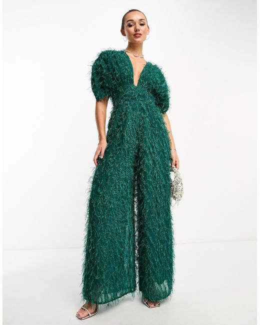 ASOS Green Fluffy Plunge Jumpsuit