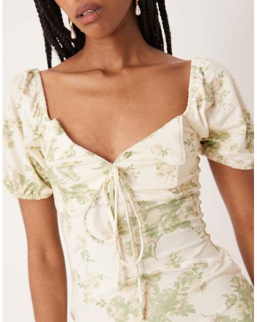 ASOS Natural Scalloped Collar Puff Sleeve Seam Detail Midi Tea Dress