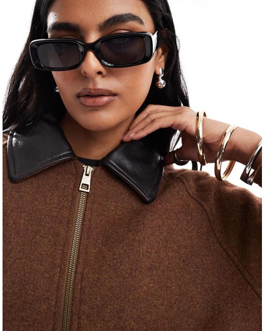 ASOS Brown Wool Blend Heritage Leather Look Collar Bomber Jacket