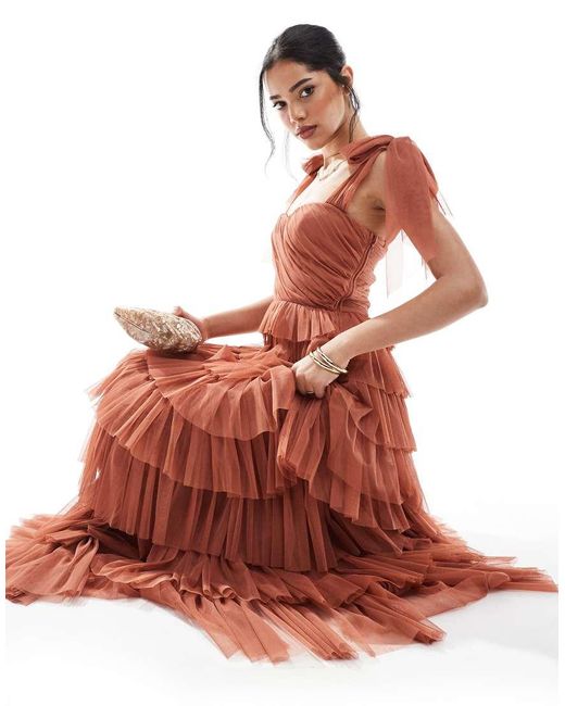 Vestido De Dama De Honor Largo Color Terracota De Tul Con Lazos En Los Hombros De -Marrón LACE & BEADS de color Red