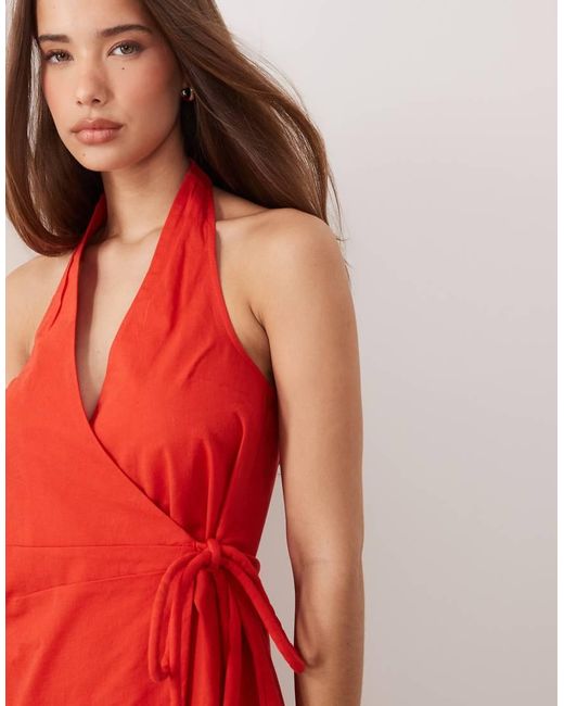 ASOS Red Cotton Linen Halter Neck Wrap Mini Sundress