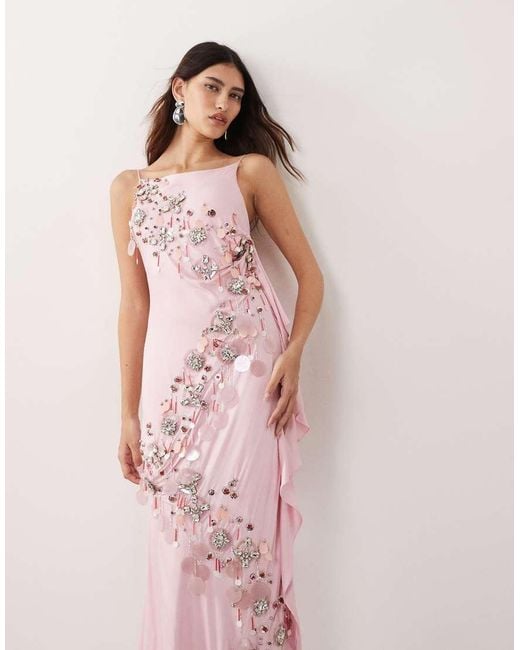 ARRANGE Pink Embellished Drape Satin Maxi Dress