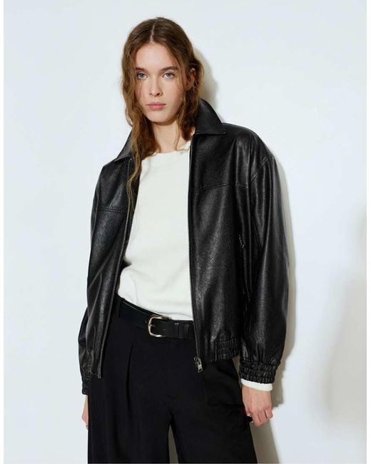 Pull&Bear Black Faux Leather Bomber Jacket