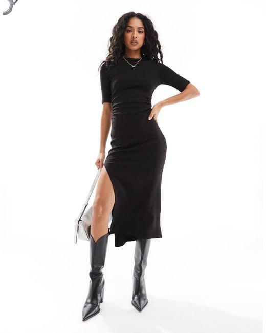 Stradivarius Black Short Sleeve Side Split Midi Dress