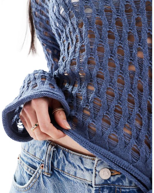 Pimkie Blue Open Knit Crochet Jumper