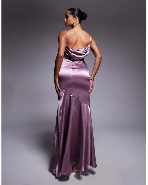 Goddiva Purple Cowl Back Satin Maxi Dress