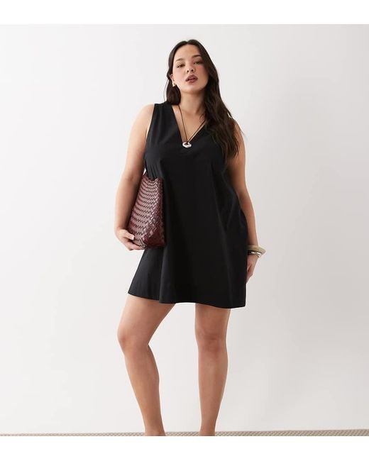 ASOS Black Asos Design Curve Cotton Linen V Neck Smock Mini Dress